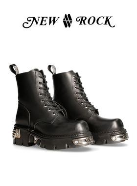 NEWROCK官方正品复古做旧真皮手工定制厚底金属工装短筒马丁靴