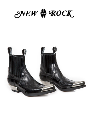 New Rock官方正品西班牙手工做旧真皮复古金属头西部切尔西牛仔靴