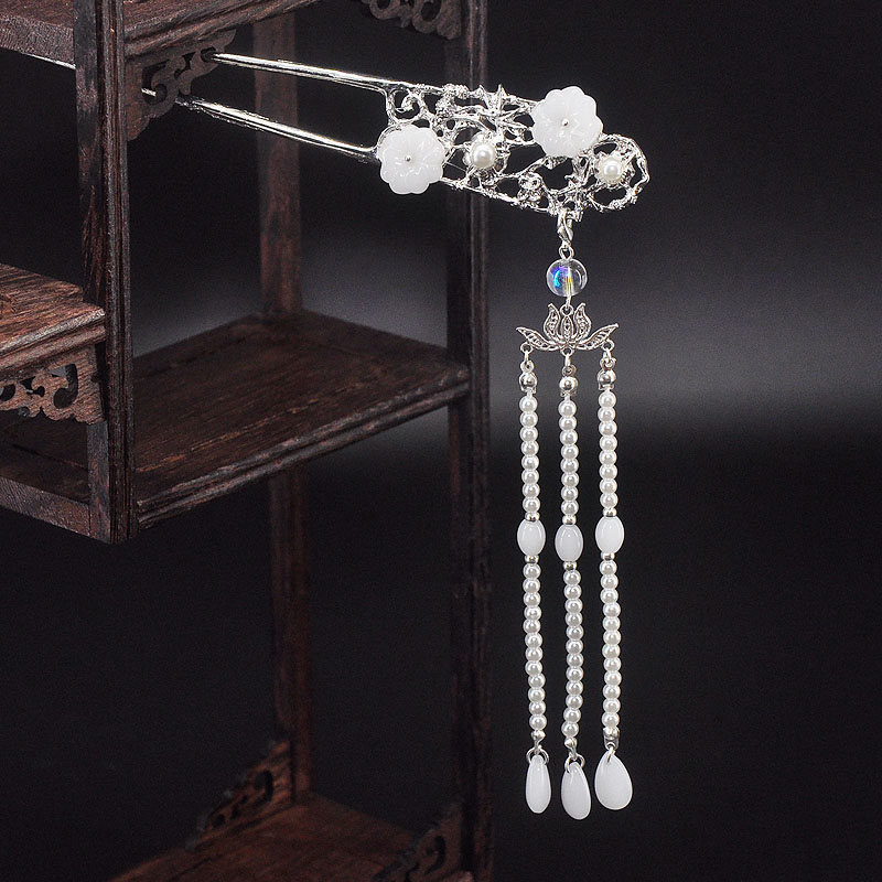 Z030 古风汉服琉璃发簪莲花吊坠仿珍珠流苏发钗复古头饰盘发配饰