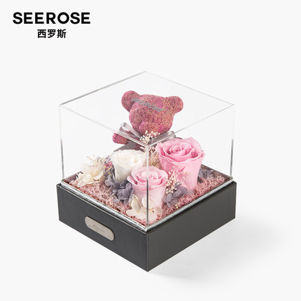 SEEROSE永生花苔藓玫瑰花小熊七夕情人节送女生朋友闺蜜生日礼物