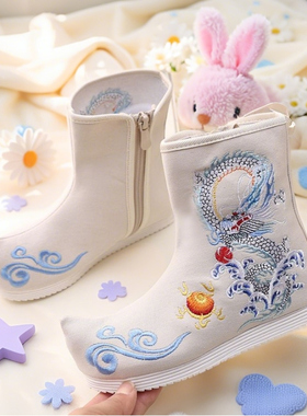 原创古风皂靴飞鱼服明制中表演出儿童绣花鞋黑色古装男童汉服靴子