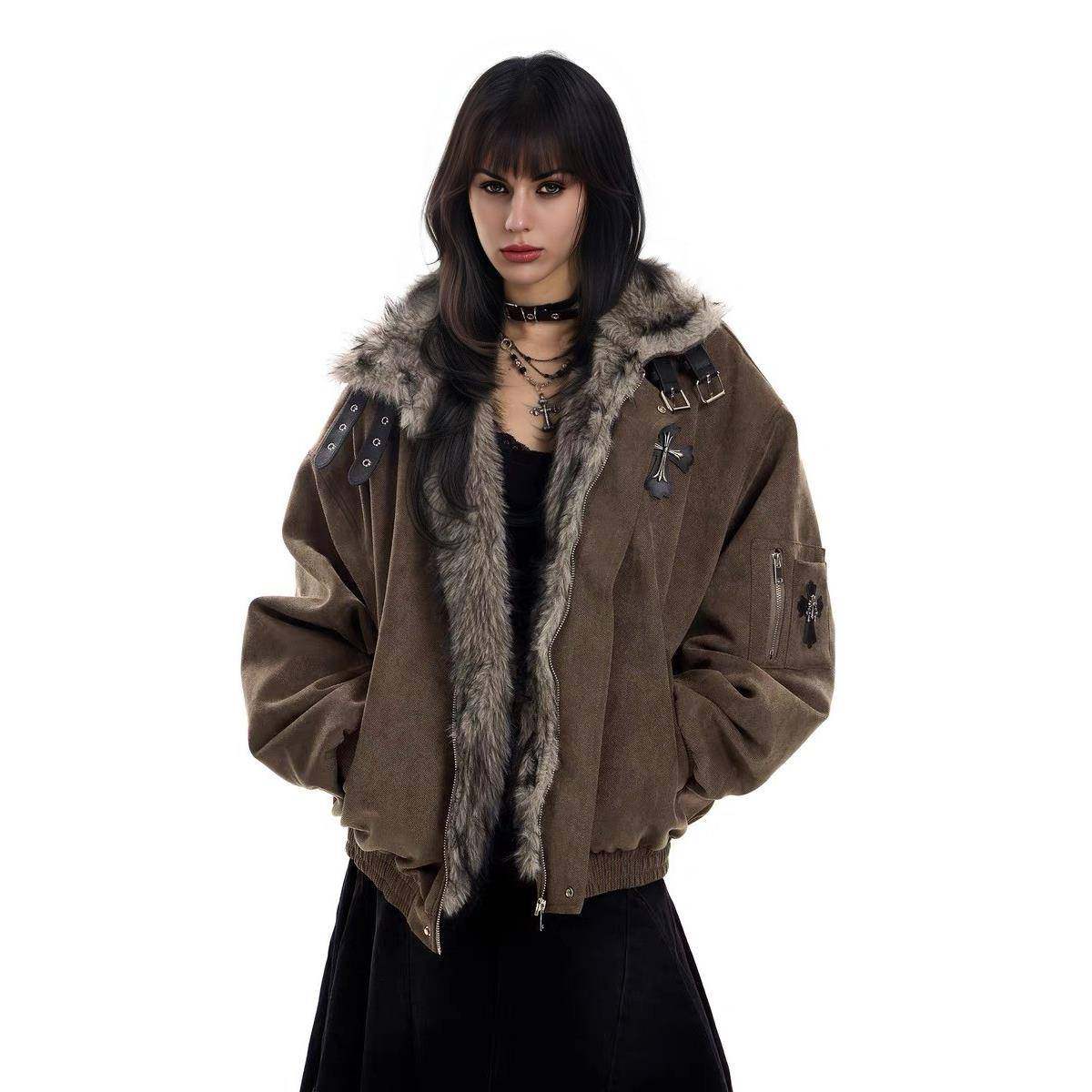 美式覆古毛领十字架座山雕棉服外套女加绒加厚夹克冬季新款棉衣潮