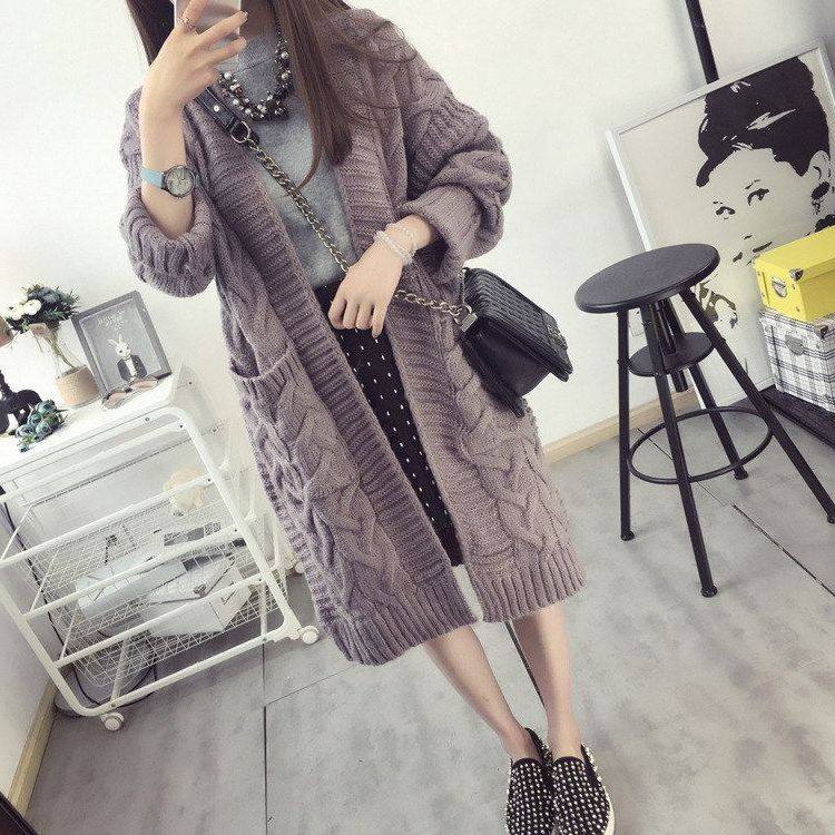 2025针织气质麻花宽松口袋通勤开衫韩版厚实中长款女毛衣外套