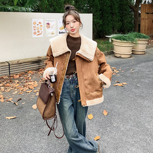 羊羔毛麂皮绒加厚短外套女秋冬夹克上衣3071P195K268 现货