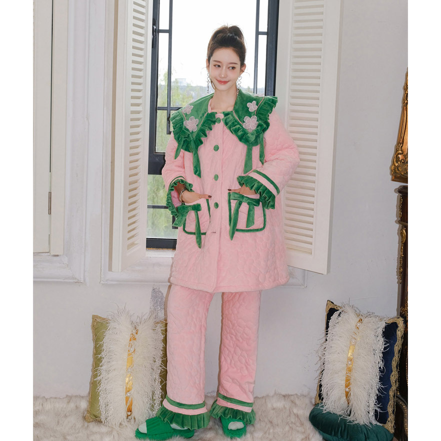 三层夹棉睡衣女款秋冬季2025新款加绒加厚长袖长裤冬天家居服