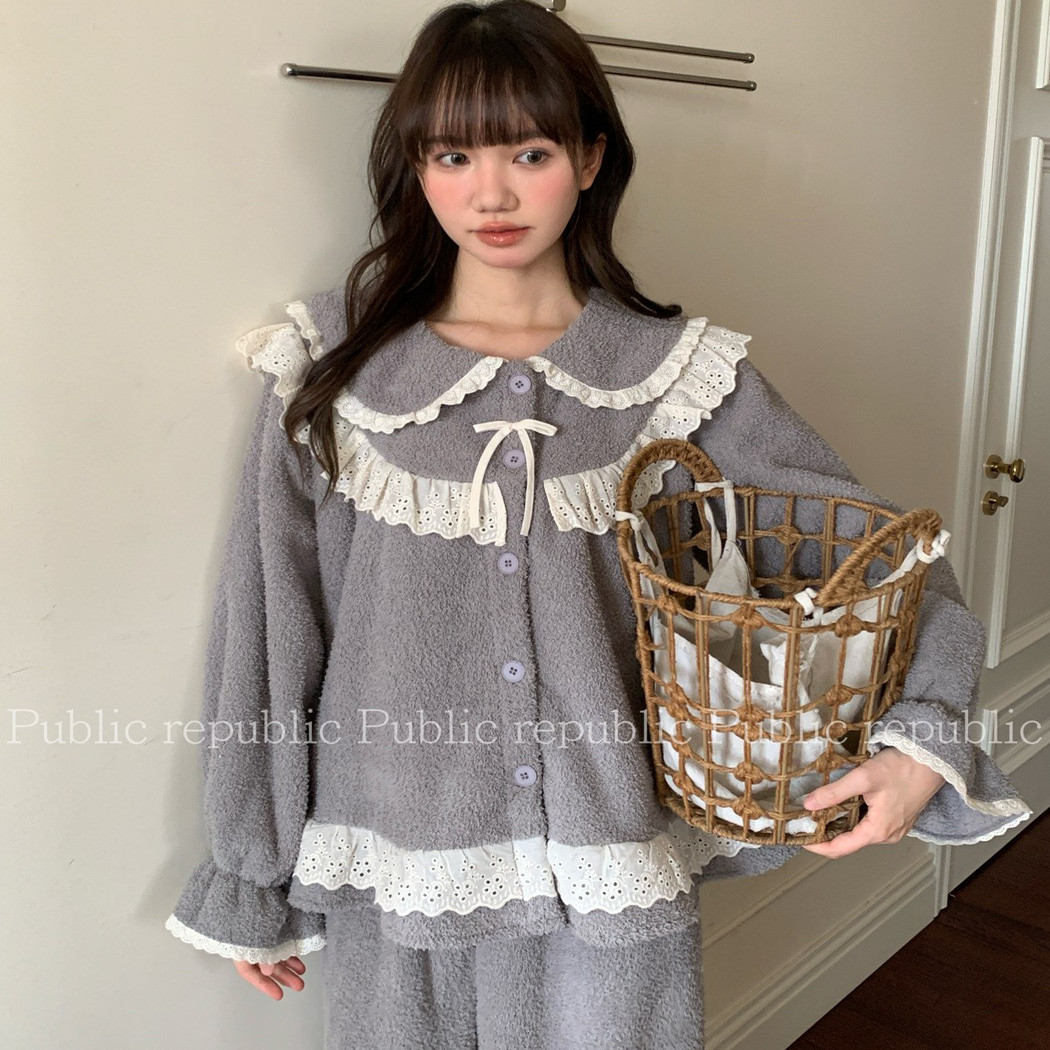 韩国public冬季甜美加厚双面荔枝珊瑚绒睡衣娃娃领公主保暖家居服