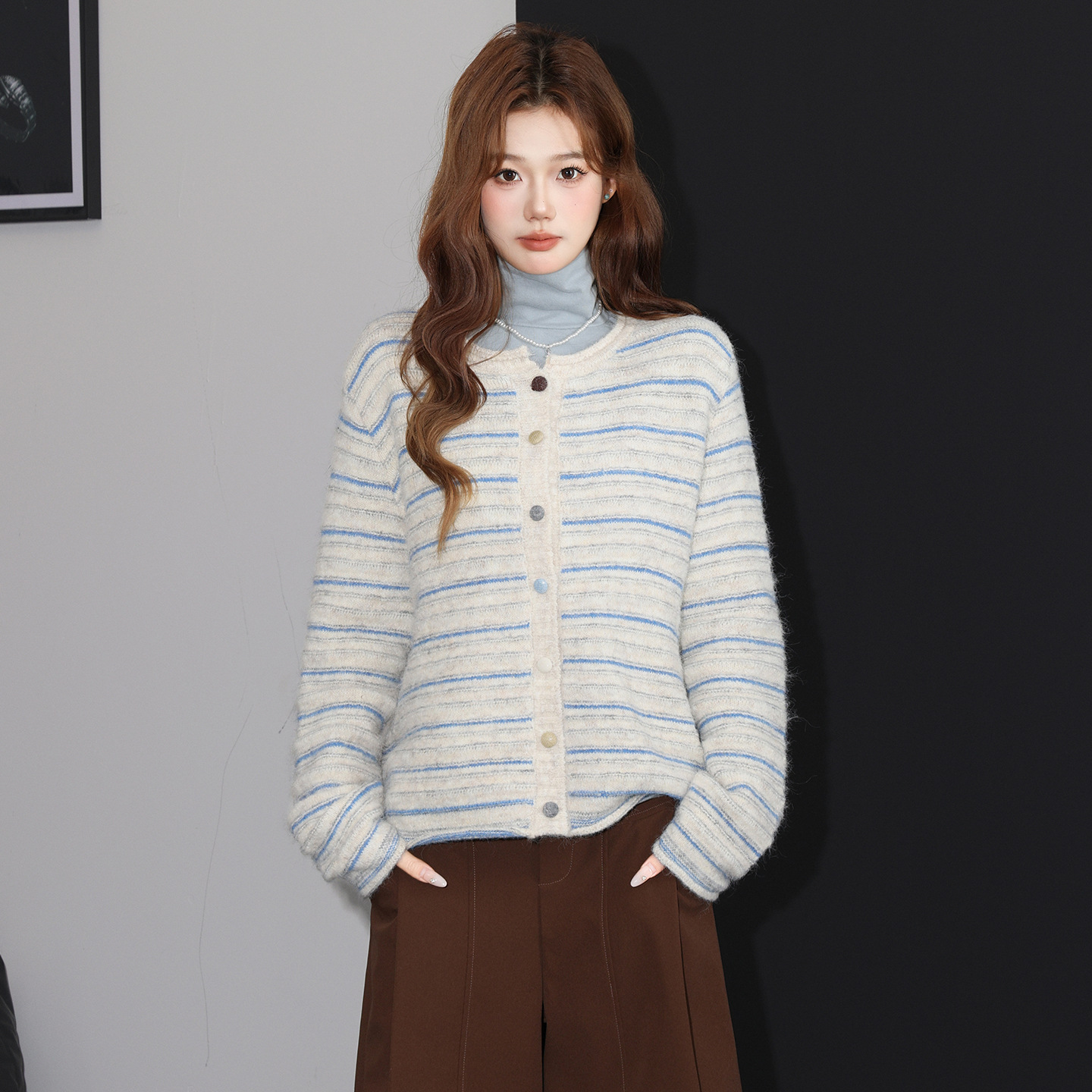 季优 韩系简约条纹针织开衫外套长袖女2025秋冬宽松加厚毛衣上衣