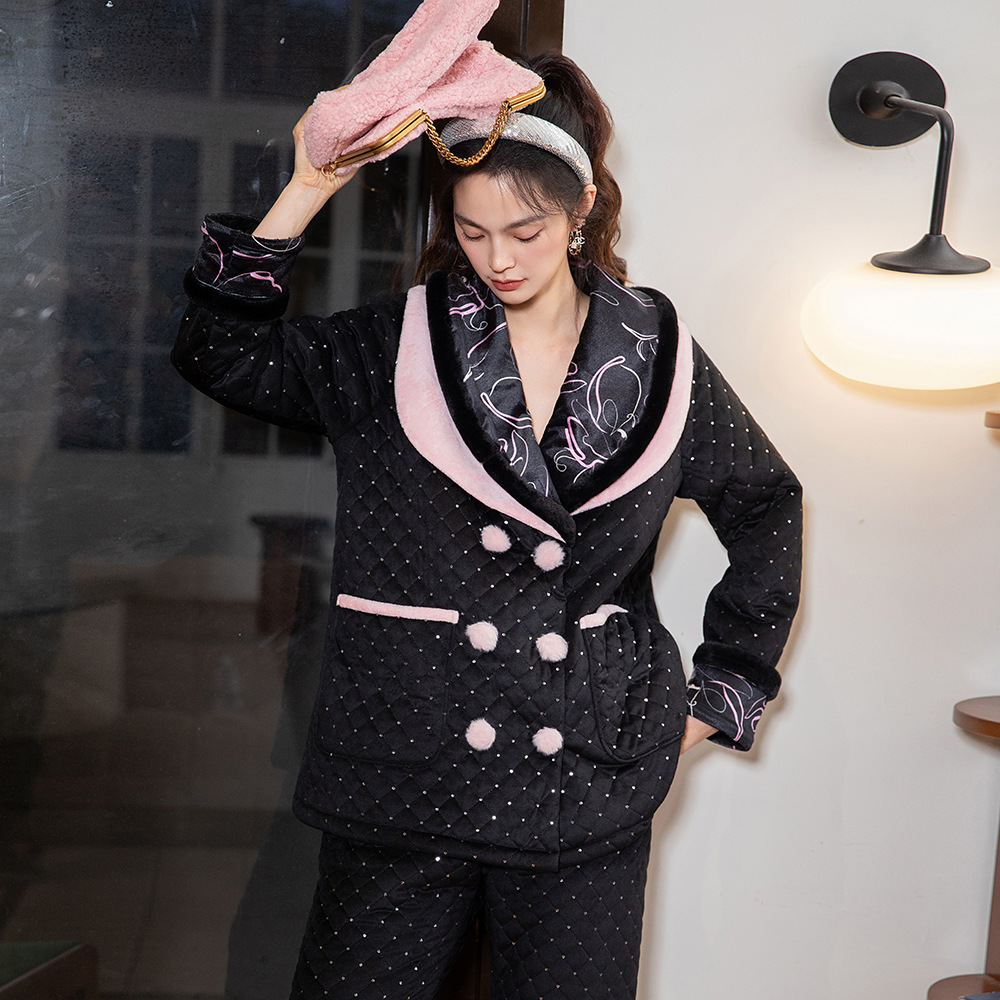 新款绘满星星刺绣三层加厚夹棉睡衣女两件套家居服长袖长裤套装