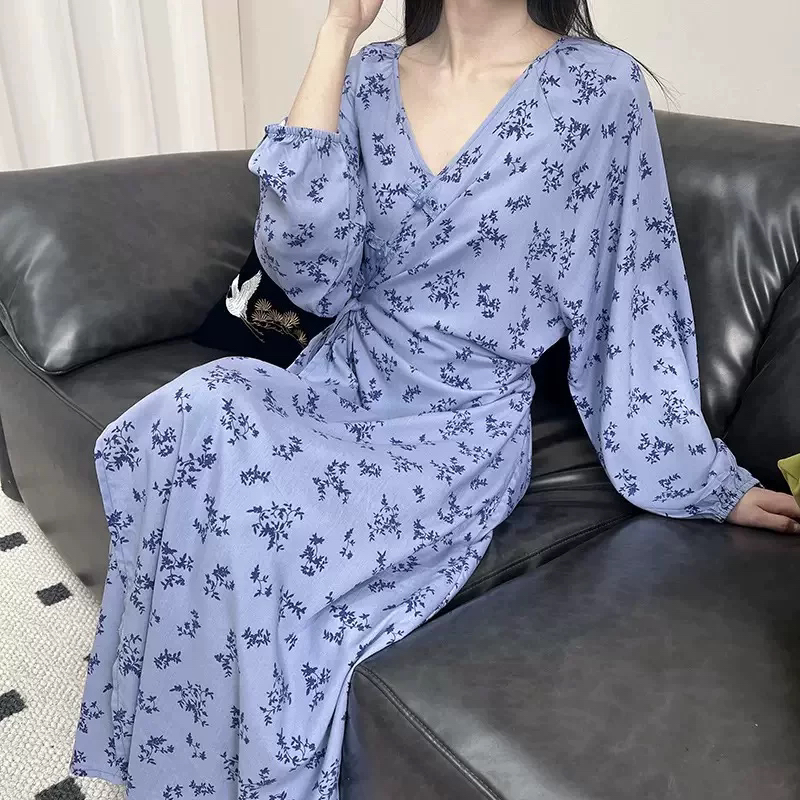 2025新款棉绸长袖睡裙春秋季绑带大码夏天黑色可外穿家居服睡衣薄