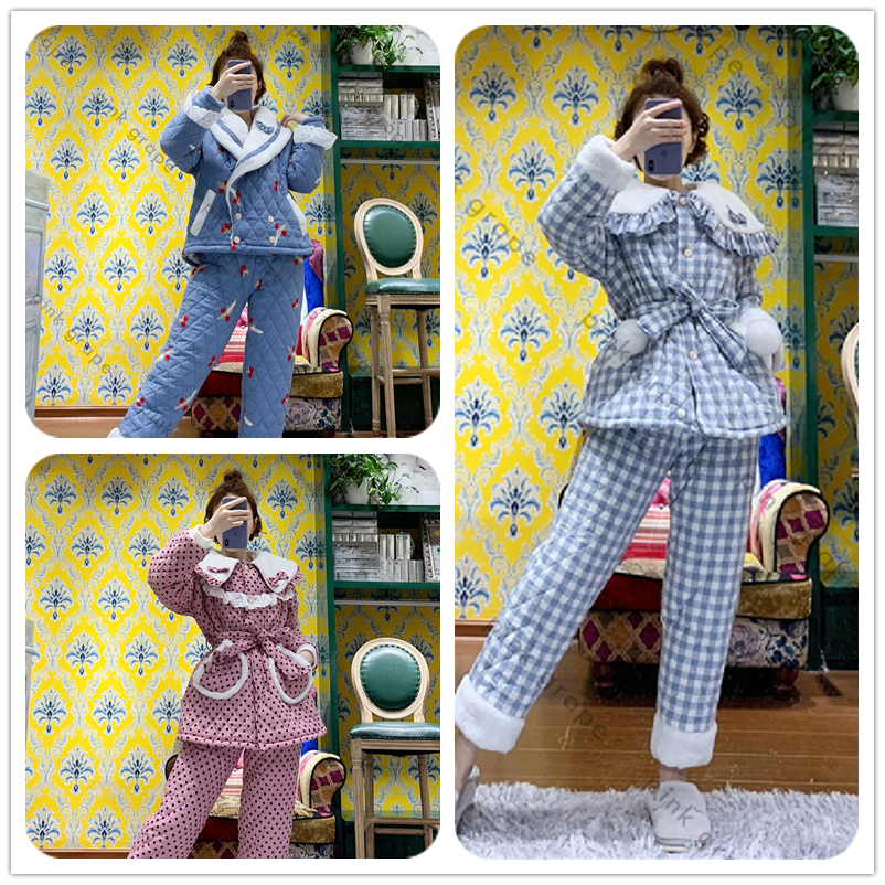 晨晨  三层夹棉加厚加绒女秋冬季甜美宽松女可外穿家居服套装
