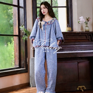 清新外穿家居服套装 纯棉格子女士睡衣甜美可爱开衫 grape春季 pink