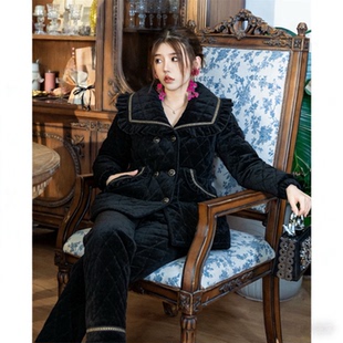 雪尼尔黑色冬季 加厚可外穿旅行家居服 三层夹棉纯棉格子睡衣女短款