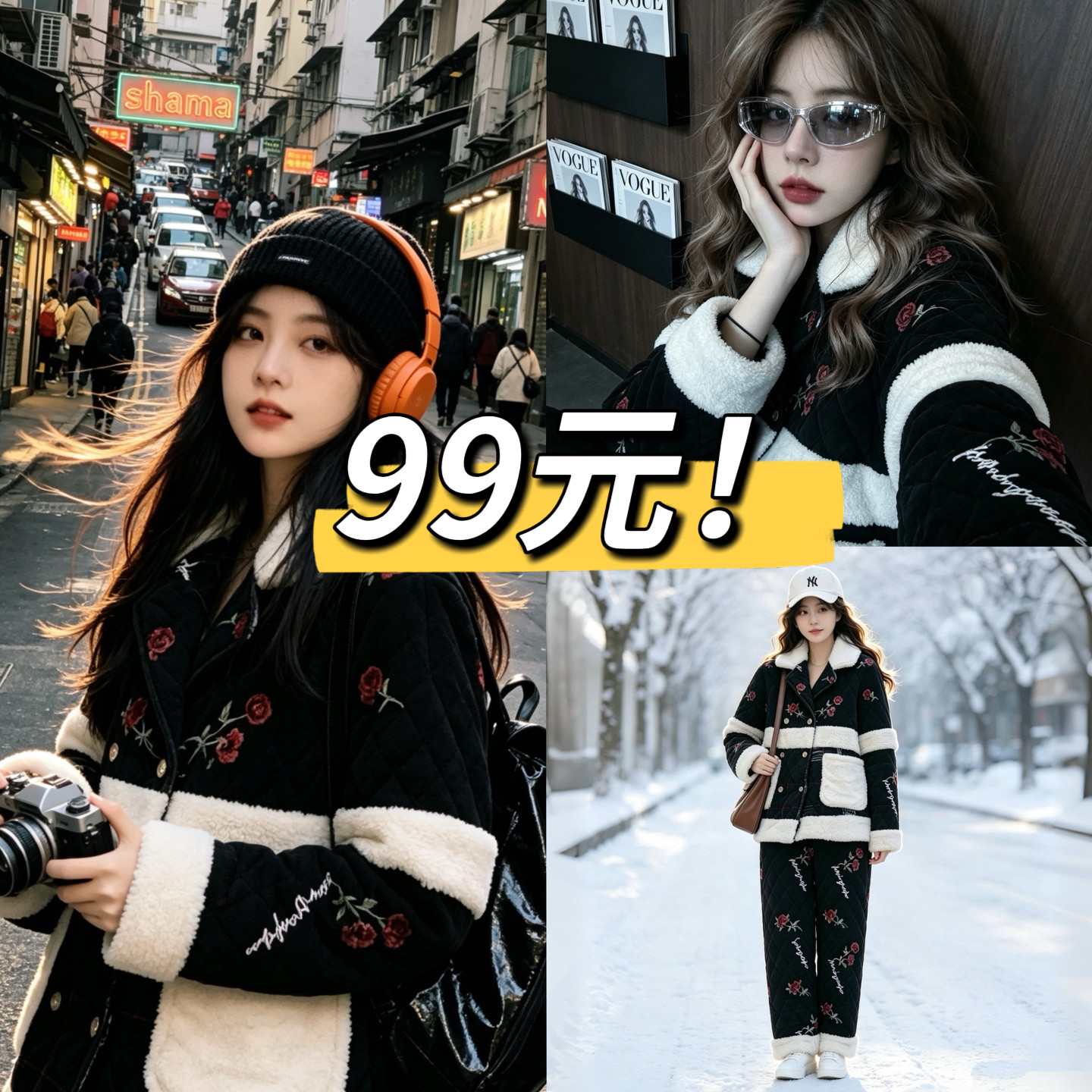 99特价粉丝福利冬季纯棉三层夹棉女睡衣套装甜美花边外穿家居服