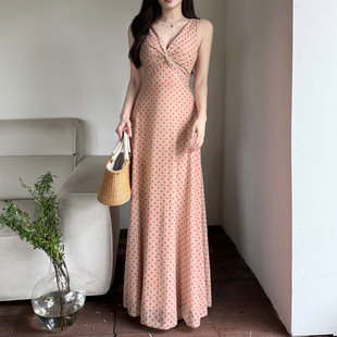JY26037GNG 新款波点扭结v领名媛气质生日礼服纯欲性感收腰连衣裙