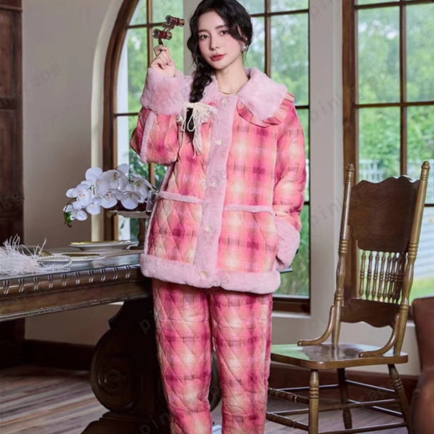 pinkgrape冬季女睡衣三层格纹夹棉加厚珊瑚绒棉袄保暖外穿家居服