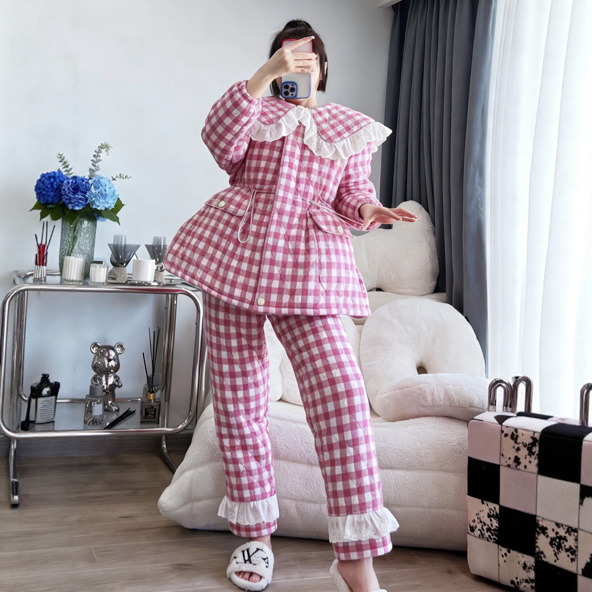 可外穿玫红白格冬季女睡衣三层夹棉加厚绒翻领甜美格纹家居服套装