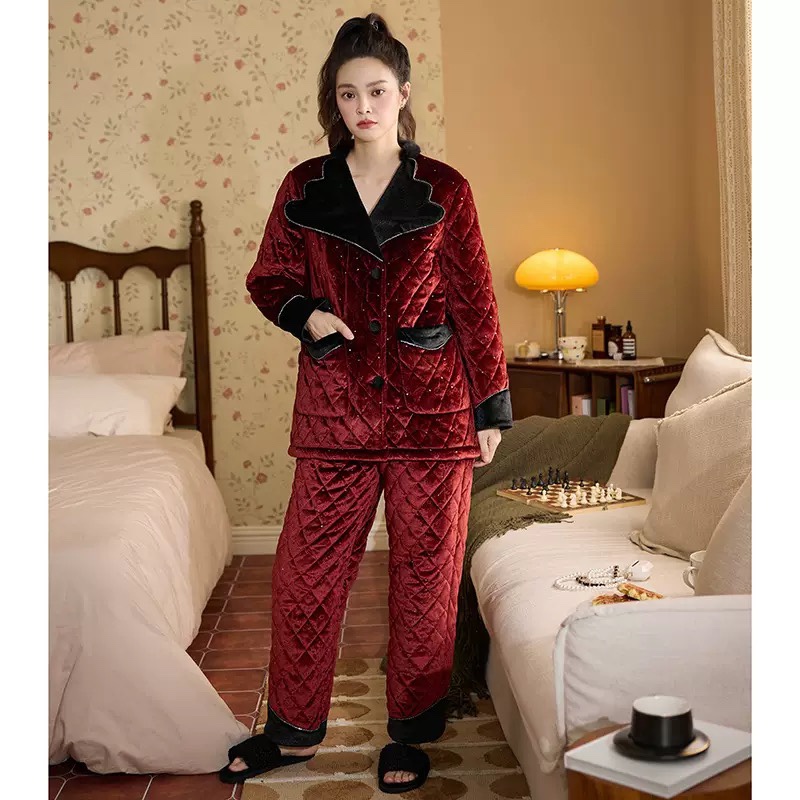 CC三层夹棉保暖冬季睡衣女红色丝绒家居服套装西装翻领时尚可外穿