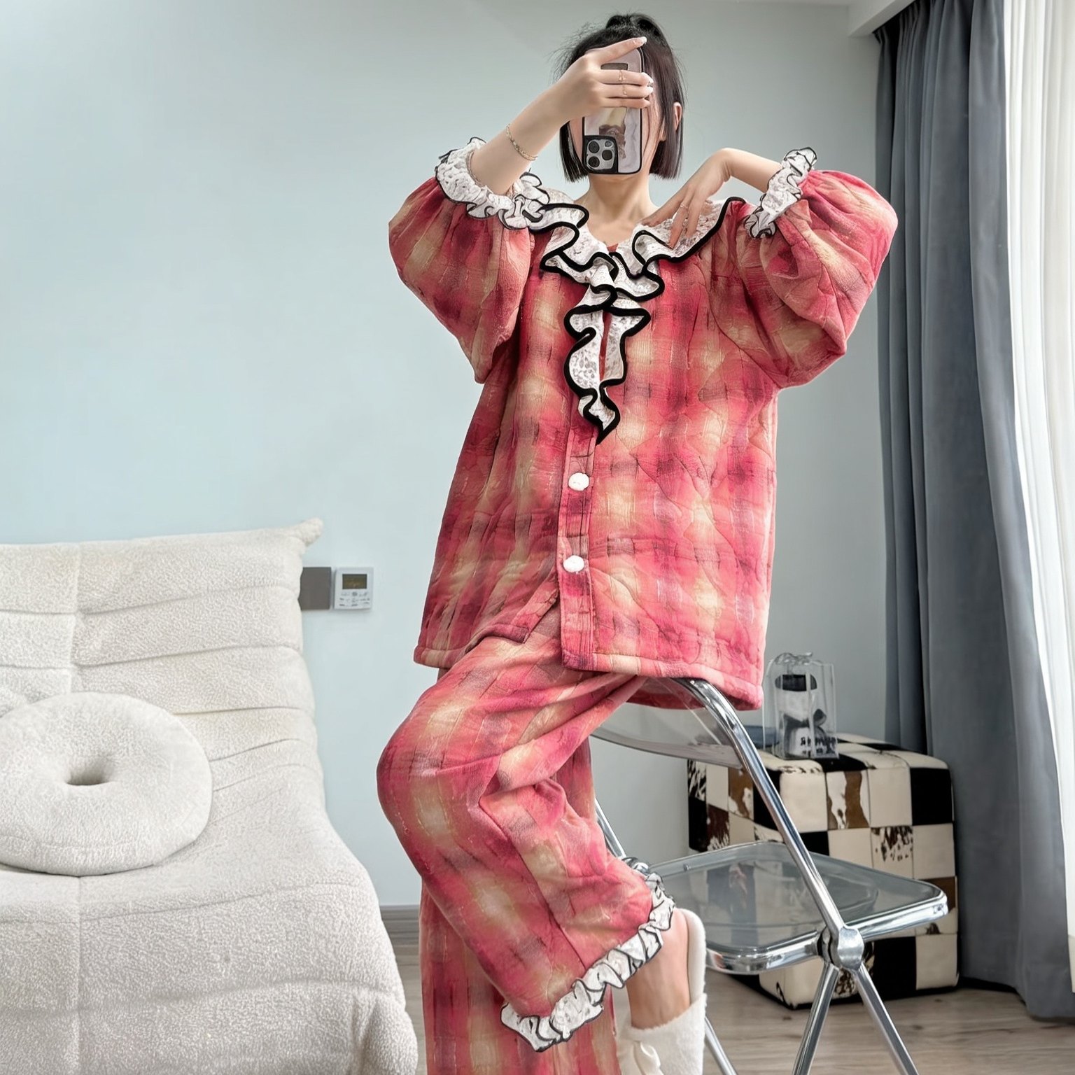 纯棉保暖原创冬季季甜美三层夹棉睡衣女珊瑚绒宫廷厚可外穿家居服