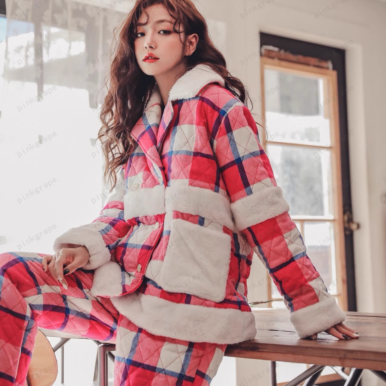 pink grape韩版三层夹棉睡衣女冬天格子加绒加棉夹克款家居服套装