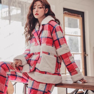 家居服套装 三层夹棉睡衣女冬天格子加绒加棉夹克款 grape韩版 pink