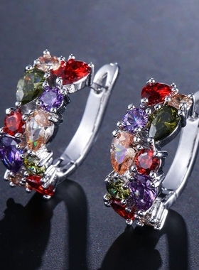 七彩耳扣锆石耳环新款气质女网红圆脸高级夸张防过敏耳钉吊坠项链