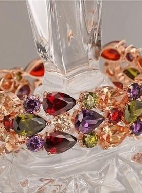 欧美七彩锆石手链宽版玫瑰金手镯不易褪色手链女晚宴会礼服配饰