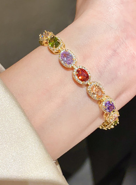 新款彩色水晶手链女小众设计感轻奢气质百搭中古饰送女友闺蜜首饰