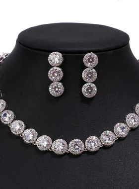 奢华晚宴水晶新娘结婚纱礼服饰品 韩国锆石项链耳环两件套装首饰