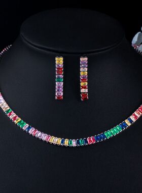 简约彩色锆石项链气质晚宴项链耳环套装女新娘礼服配饰耳坠礼物