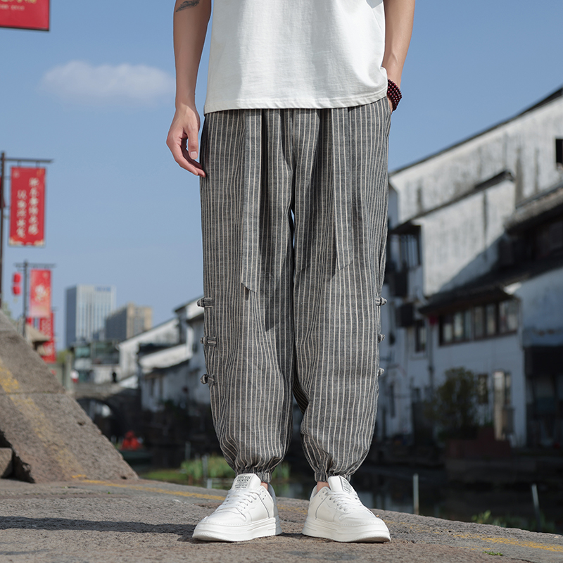 新中式夏季高亚麻裤风薄款棉麻盘扣束脚裤1112-5-K910-P65，男装休闲裤，星座1112-5（原712-5）