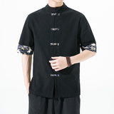 新中式夏季棉麻短袖衬衣宽松复古茶居士上衣XZ1112-5-CS90-P45，男装T恤，星座1112-5（原712-5）