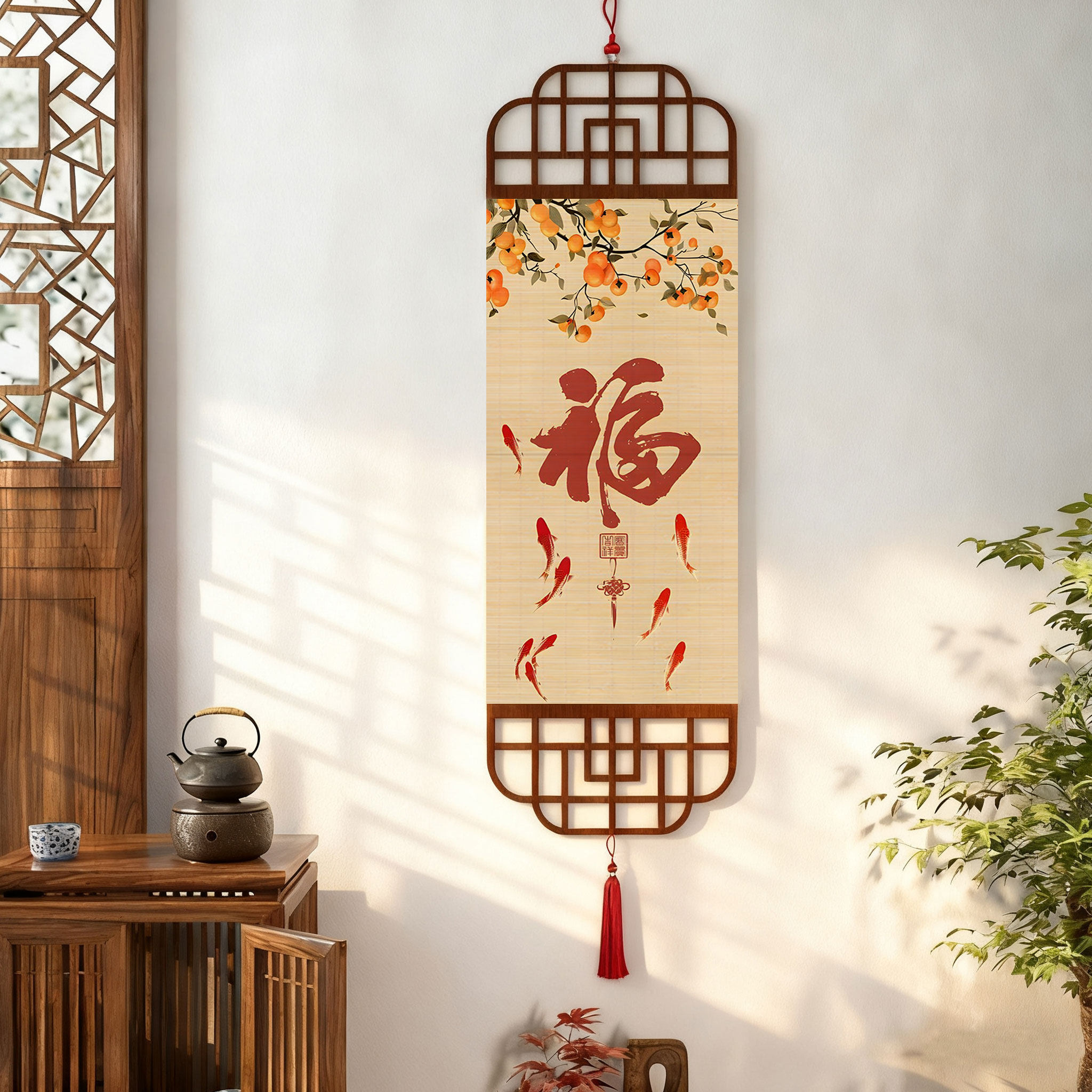 柿柿如意新中式挂画九鱼图客厅背景墙玄关画茶室禅意卷轴竹画,居家布艺,珠帘/挂帘,淘宝优惠券,粉丝福利购,淘宝优惠卷