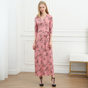 复古过膝长裙V领性感裹身裙 DVF26连衣裙高腰显瘦法式 高端新品