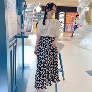 花朵剪影A字软绉半身长裙清新时尚 M家同款 新款 DVF夏季 大裙摆