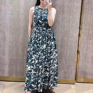 M家同款PG DVF26新款纯棉时尚印花高腰无袖显瘦大摆长款连衣裙