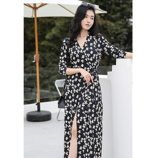 高端新品 DVF裹身裙2026 黑底白花轻熟风气质绑带裹身裙连衣裙女PG