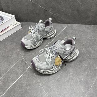 百搭拼色增高舒适软底防滑运动鞋 新款 女2026年春季 真皮厚底老爹鞋