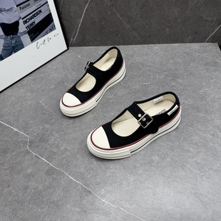 厚底浅口玛丽珍帆布鞋女2026夏季新款一字扣带学院风时尚休闲板鞋