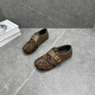 豹纹加绒软底一脚蹬勃肯棉鞋 复古假分趾玛丽珍鞋 女2025年秋冬新款