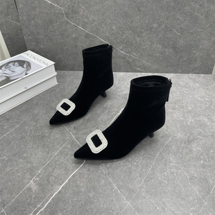 水钻方扣洋气绒面短靴女2025年冬季 尖头细高跟短筒加绒瘦瘦靴 新款