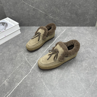 软底舒适保暖勃肯棉鞋 平底乐福鞋 女2025冬新款 真皮加绒系带毛毛鞋