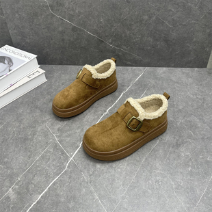 简约百搭皮带扣复古一脚蹬棉鞋 新款 女2025冬季 绒面厚底加绒勃肯鞋