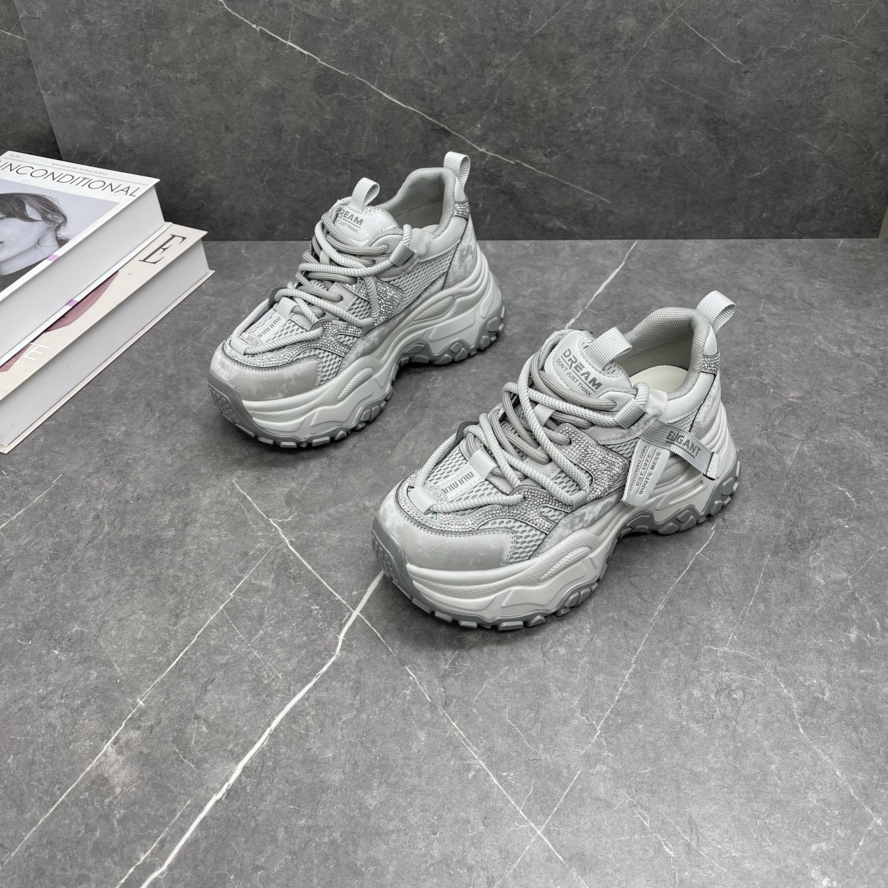 小个子松糕厚底老爹鞋女2026春新款时尚水钻双鞋带真皮休闲运动鞋,女鞋,时尚休闲鞋,淘宝优惠券,粉丝福利购,淘宝优惠卷