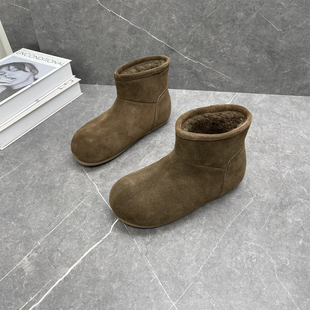 磨砂真皮休闲复古马丁靴女2025冬季 加绒保暖丑萌大头雪地棉靴 新款