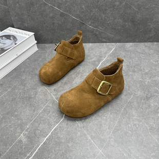 内增高复古丑萌一脚蹬保暖棉鞋 新款 女2025冬季 真皮厚底加绒勃肯鞋