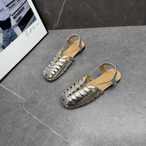 方头编织镂空包头平底罗马凉鞋女