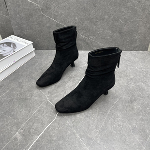 加绒细高跟百搭时装 复古短靴复古褶皱后拉链堆堆靴女 靴2025冬新款