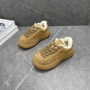 轻便增高羊毛保暖系带雪地靴 2025冬新款 真皮厚底丑萌面包鞋 女棉鞋