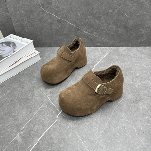 内增高复古真皮加绒松糕保暖棉鞋 厚底增高全包勃肯鞋 女2025冬新款