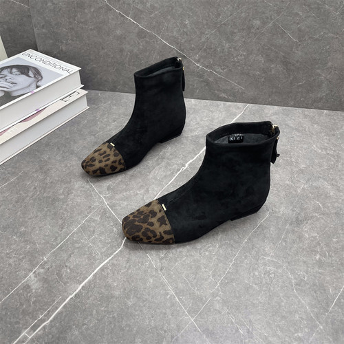 绒面小方头短靴豹纹洋气女靴